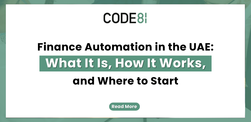 A clean, minimalist graphic with a white background featuring the CODE81 logo and bold black and green text titled "Finance Automation in the UAE: What It Is, How It Works, and Where to Start."