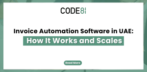 A minimalist corporate graphic on a white background featuring the CODE81 logo and text titled "Invoice Automation Software in UAE: How It Works and Scales" with a green highlighted subheading.