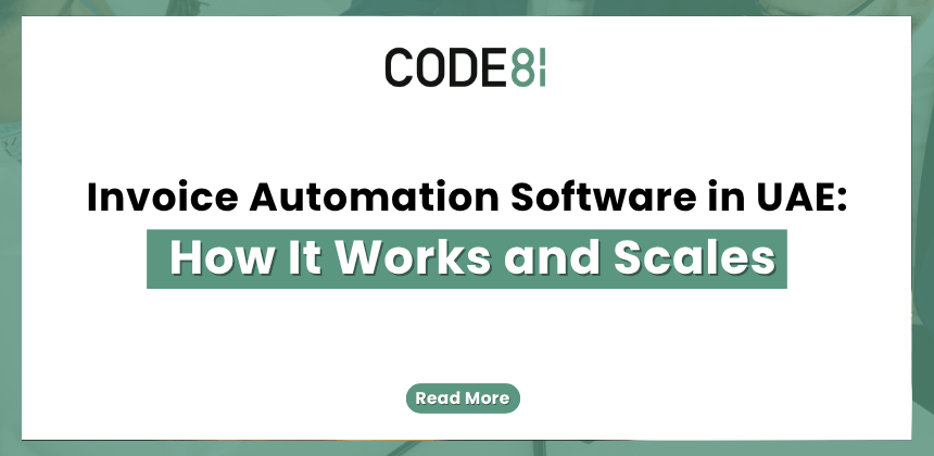 A minimalist corporate graphic on a white background featuring the CODE81 logo and text titled "Invoice Automation Software in UAE: How It Works and Scales" with a green highlighted subheading.