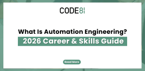 Text-based graphic displaying the title “What Is Automation Engineering? 2026 Career & Skills Guide” by Code81.